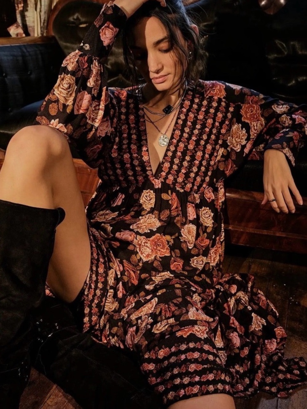 Free People Rows of Roses Women's Black Floral V-Neck Maxi Dress L - Picture 3 of 10